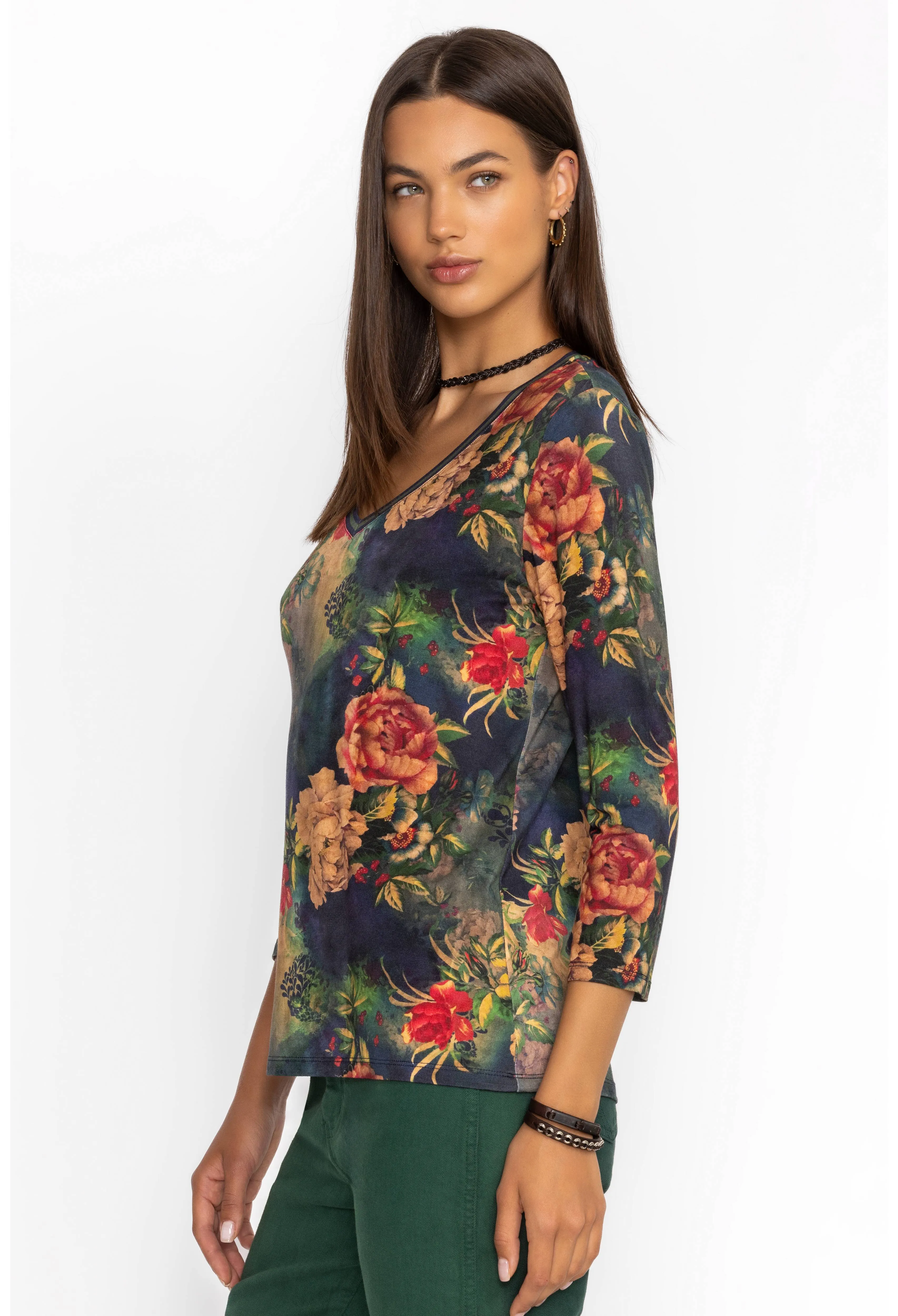 Johnny Was Catalina Janie Favorite 3/4 V Tee Floral Shirt Blue Burnout Top M NEW