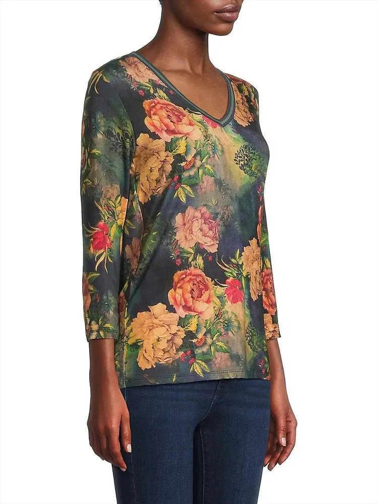 Johnny Was Catalina Janie Favorite 3/4 V Tee Floral Shirt Blue Burnout Top M NEW