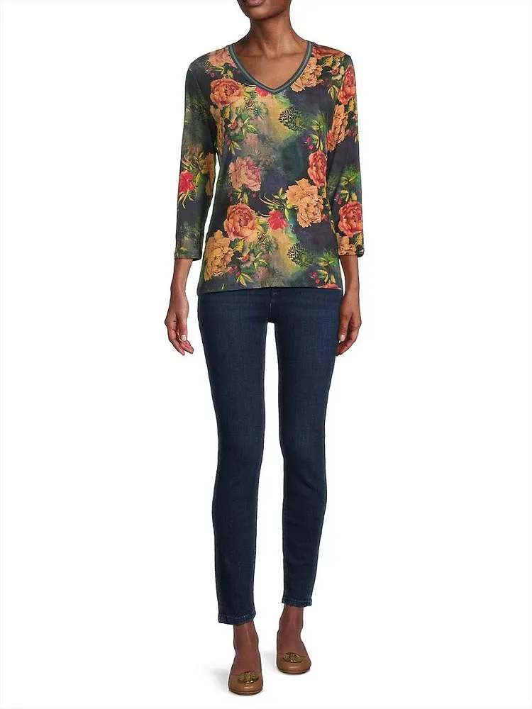 Johnny Was Catalina Janie Favorite 3/4 V Tee Floral Shirt Blue Burnout Top M NEW