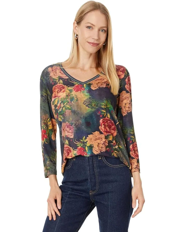 Johnny Was Catalina Janie Favorite 3/4 V Tee Floral Shirt Blue Burnout Top M NEW
