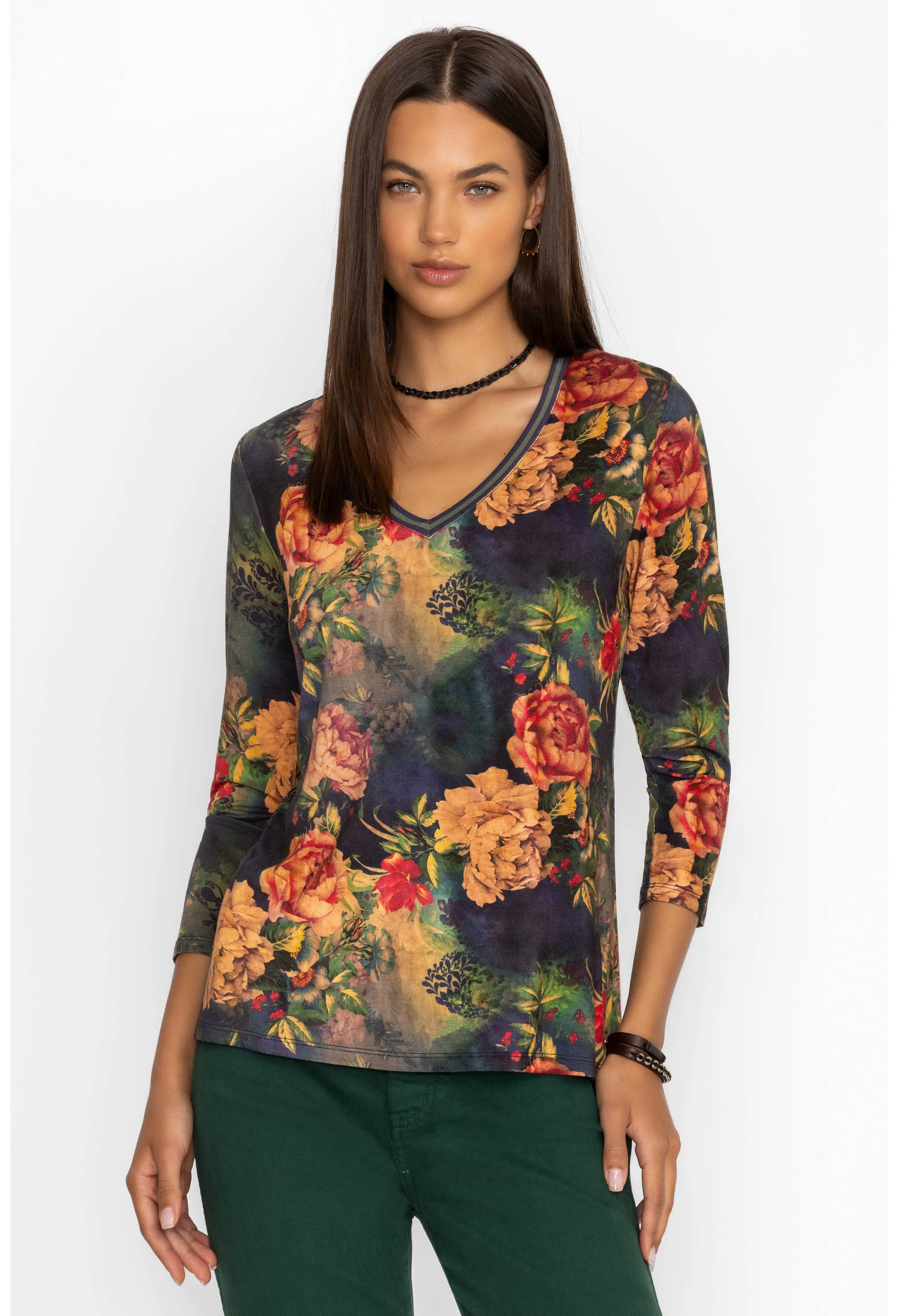 Johnny Was Catalina Janie Favorite 3/4 V Tee Floral Shirt Blue Burnout Top M NEW