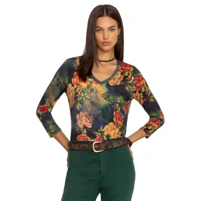 Johnny Was Catalina Janie Favorite 3/4 V Tee Floral Shirt Blue Burnout Top M NEW