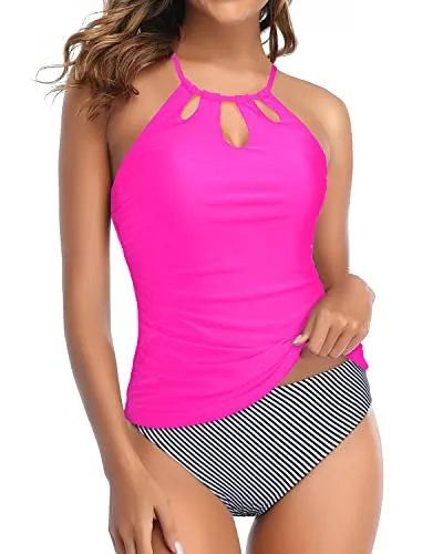 Keyhole Mid Rise Tankini Bottom With Full Coverage For Women-Hot Pink Stripe
