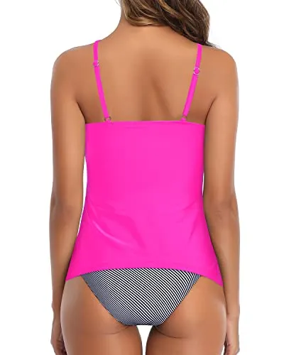 Keyhole Mid Rise Tankini Bottom With Full Coverage For Women-Hot Pink Stripe
