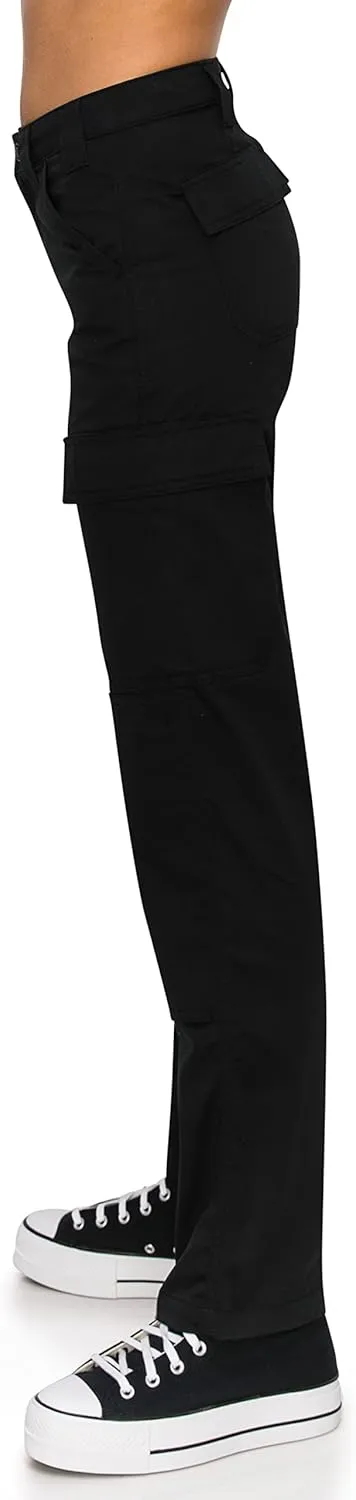 KHAKI & BLUE Women's Work Pants – High Rise Slim Fit Straight Leg Cargo Casual Trousers with Multi Pockets
