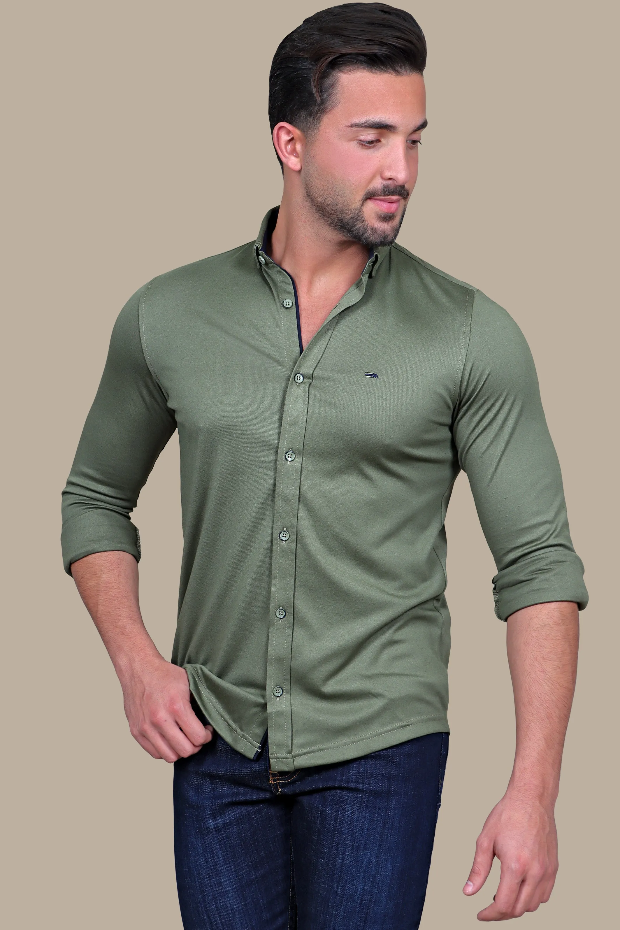 Khaki Comfort: Lycra Shirt with Small Collar