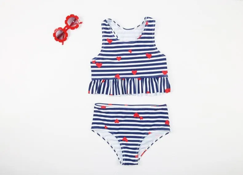 Kid Girl's Heart Striped Print Swimsuit