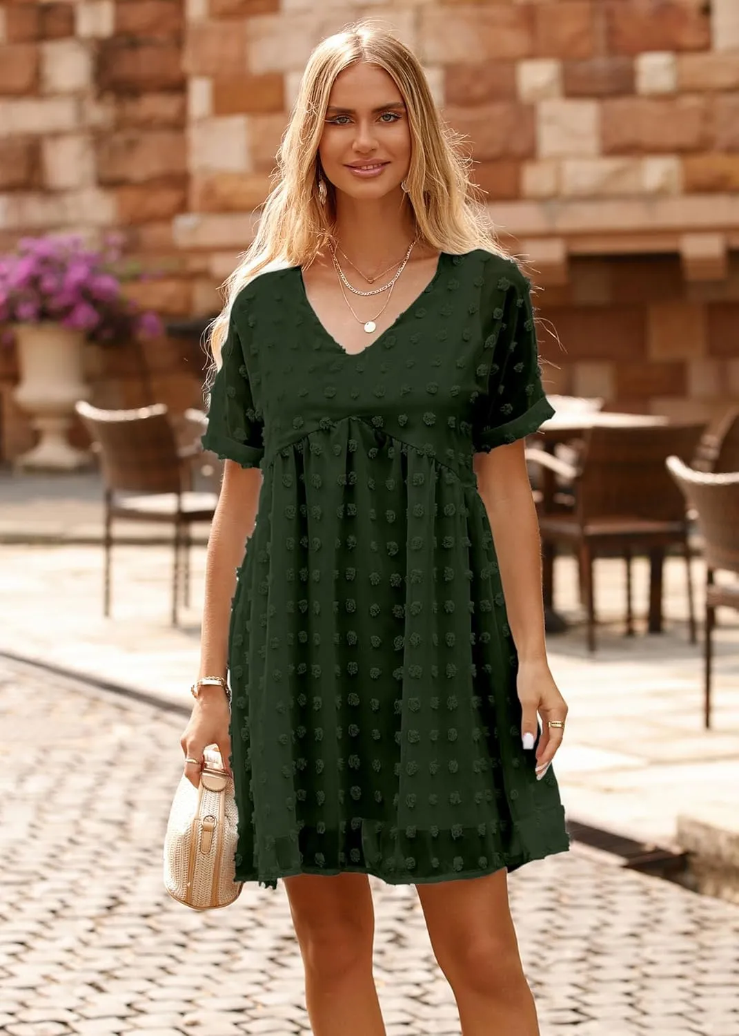 KIRUNDO Womens Summer Dresses 2024 Casual V Neck Short Sleeve Swiss Dot Ruffle Loose Flowy Mini Babydoll Dress