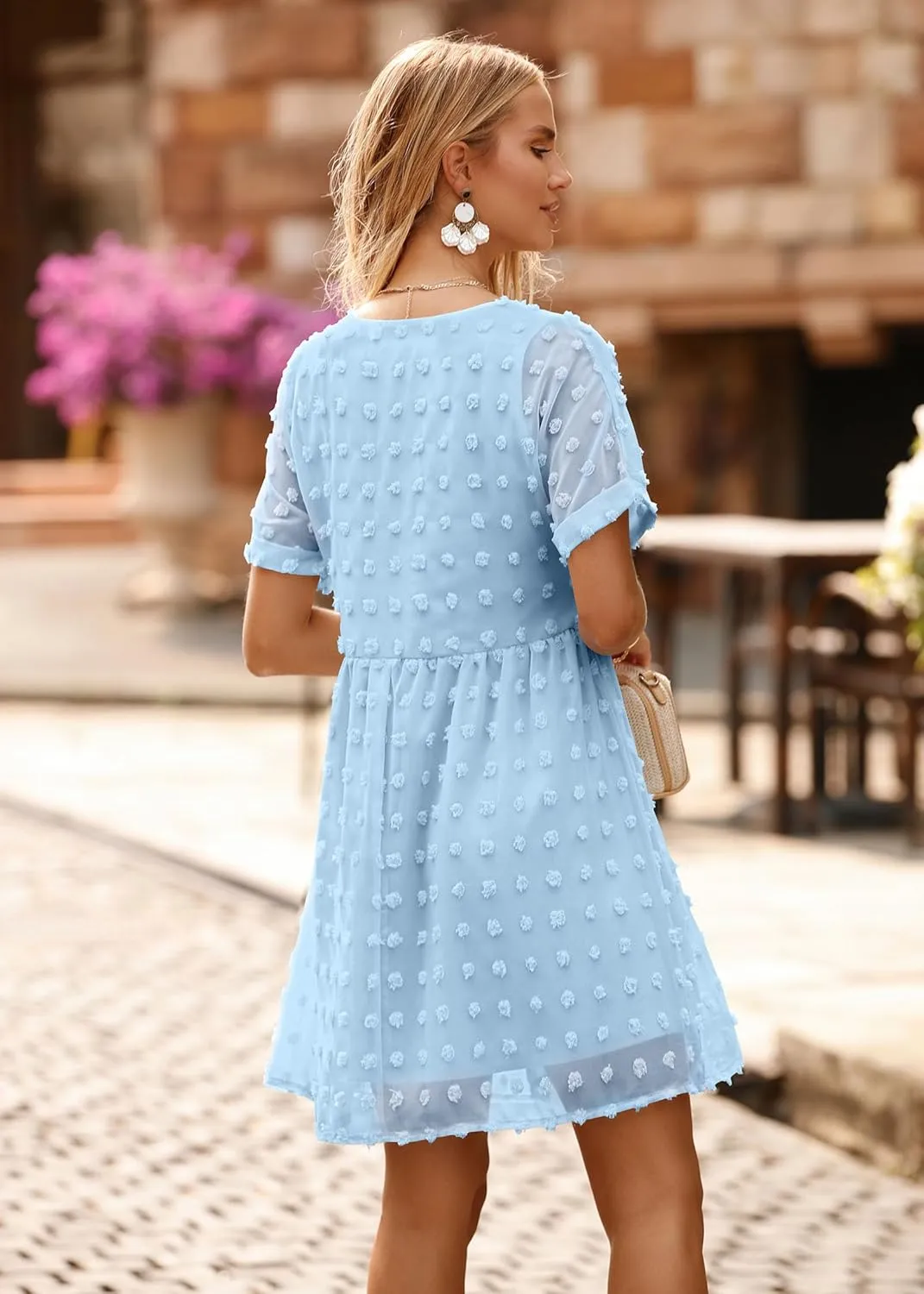 KIRUNDO Womens Summer Dresses 2024 Casual V Neck Short Sleeve Swiss Dot Ruffle Loose Flowy Mini Babydoll Dress