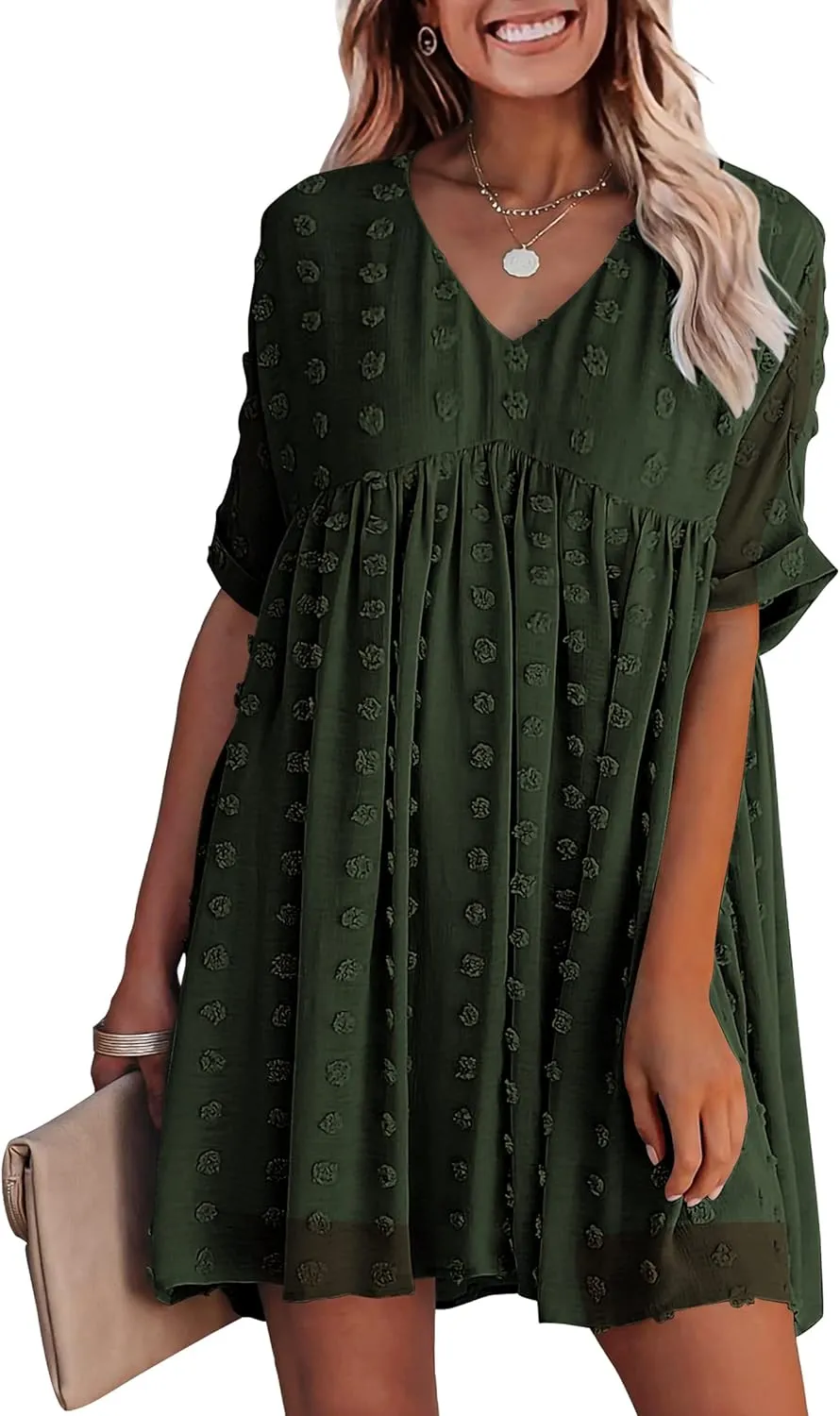 KIRUNDO Womens Summer Dresses 2024 Casual V Neck Short Sleeve Swiss Dot Ruffle Loose Flowy Mini Babydoll Dress