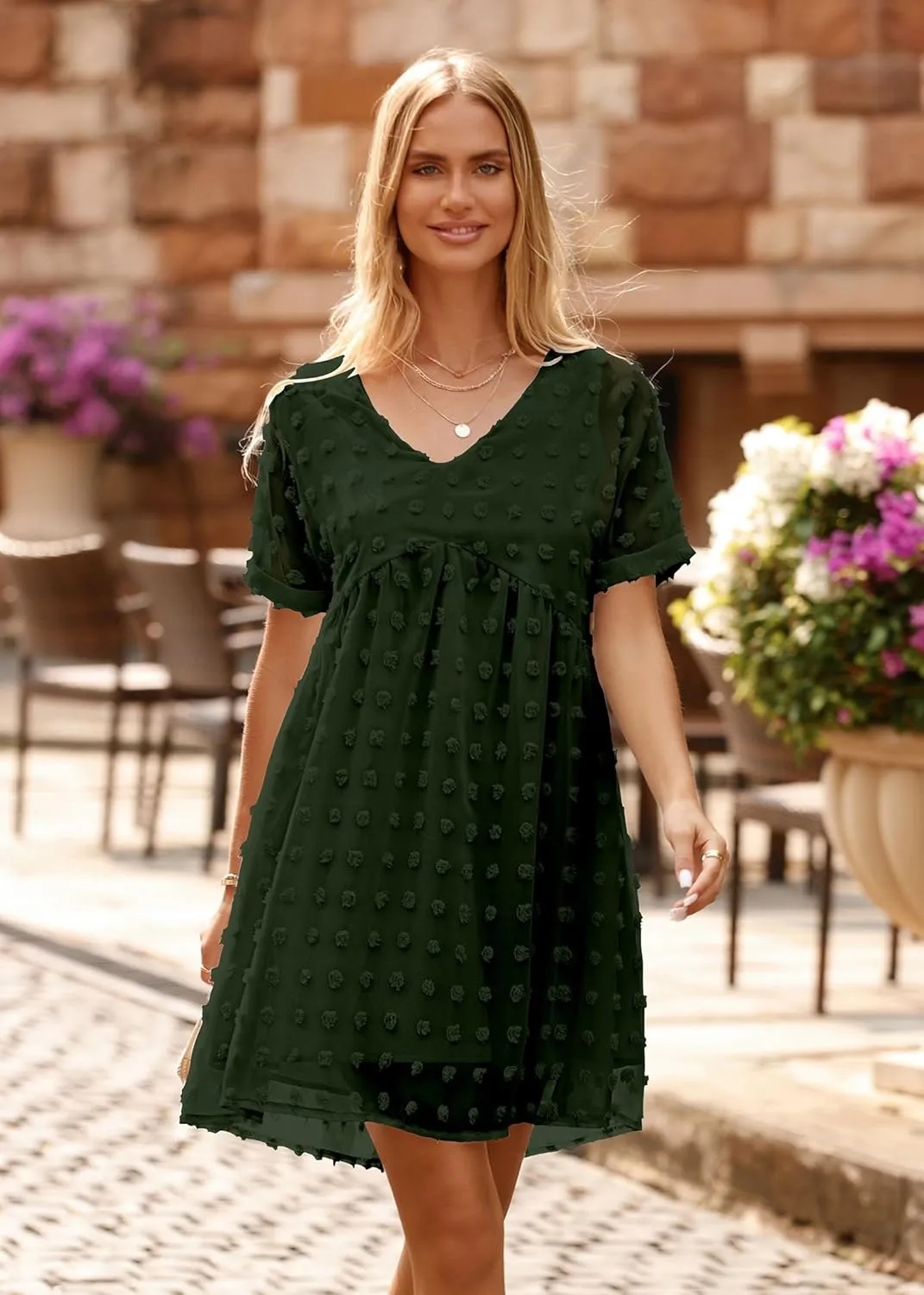 KIRUNDO Womens Summer Dresses 2024 Casual V Neck Short Sleeve Swiss Dot Ruffle Loose Flowy Mini Babydoll Dress