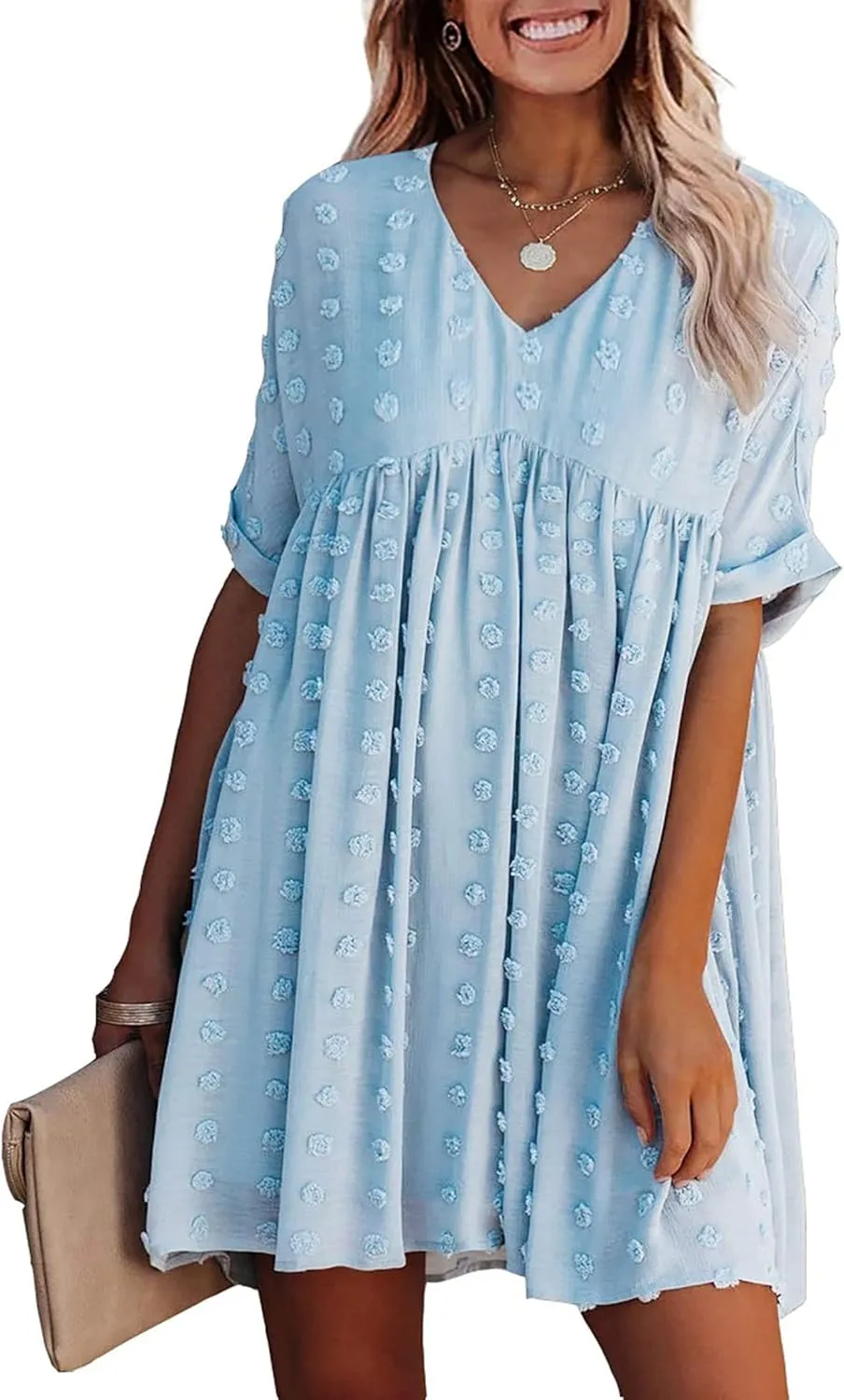 KIRUNDO Womens Summer Dresses 2024 Casual V Neck Short Sleeve Swiss Dot Ruffle Loose Flowy Mini Babydoll Dress