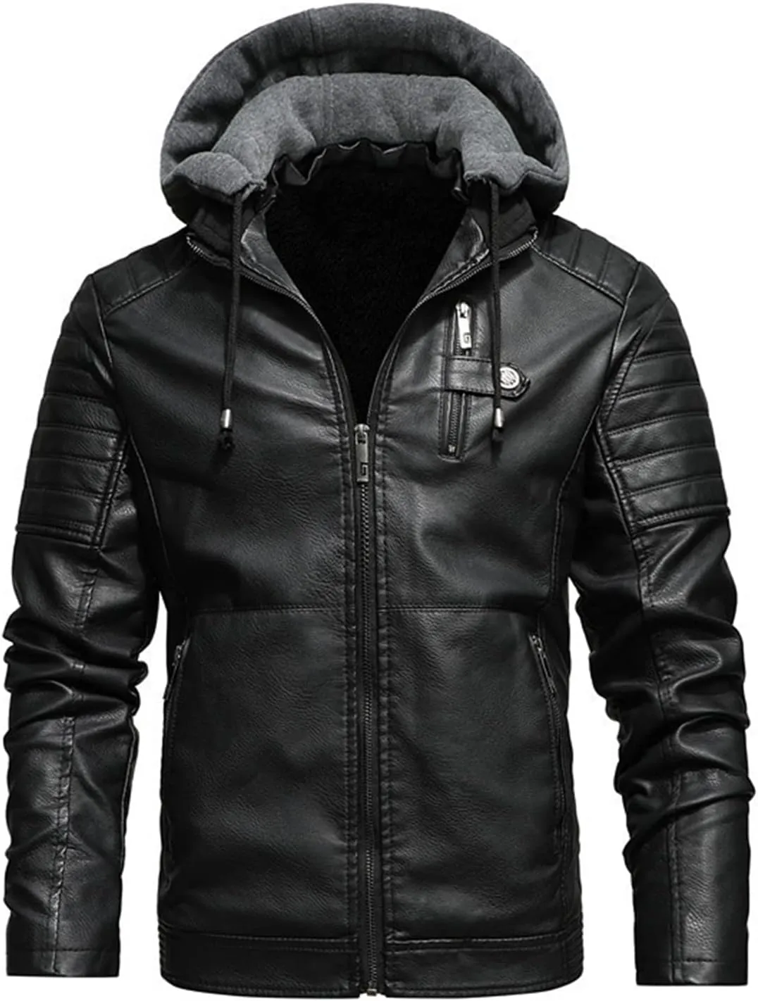 Lu's Chic Men's Faux Leather Jacket Hooded Jackets Thermal Sherpa Fleece Slim Fit Fall Full Zip Coats