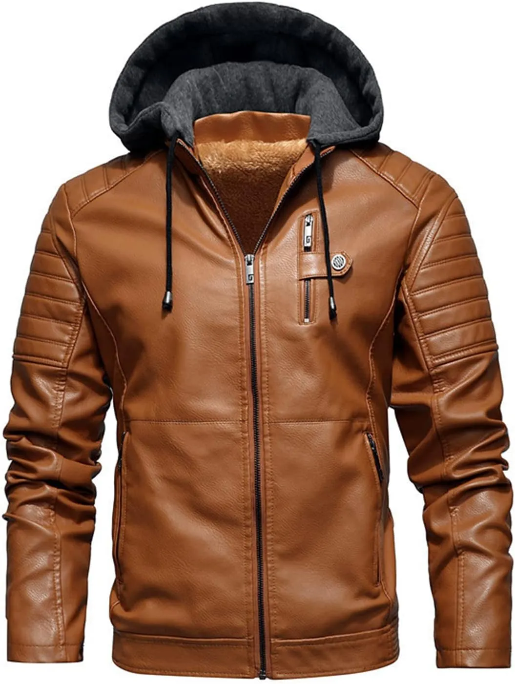 Lu's Chic Men's Faux Leather Jacket Hooded Jackets Thermal Sherpa Fleece Slim Fit Fall Full Zip Coats