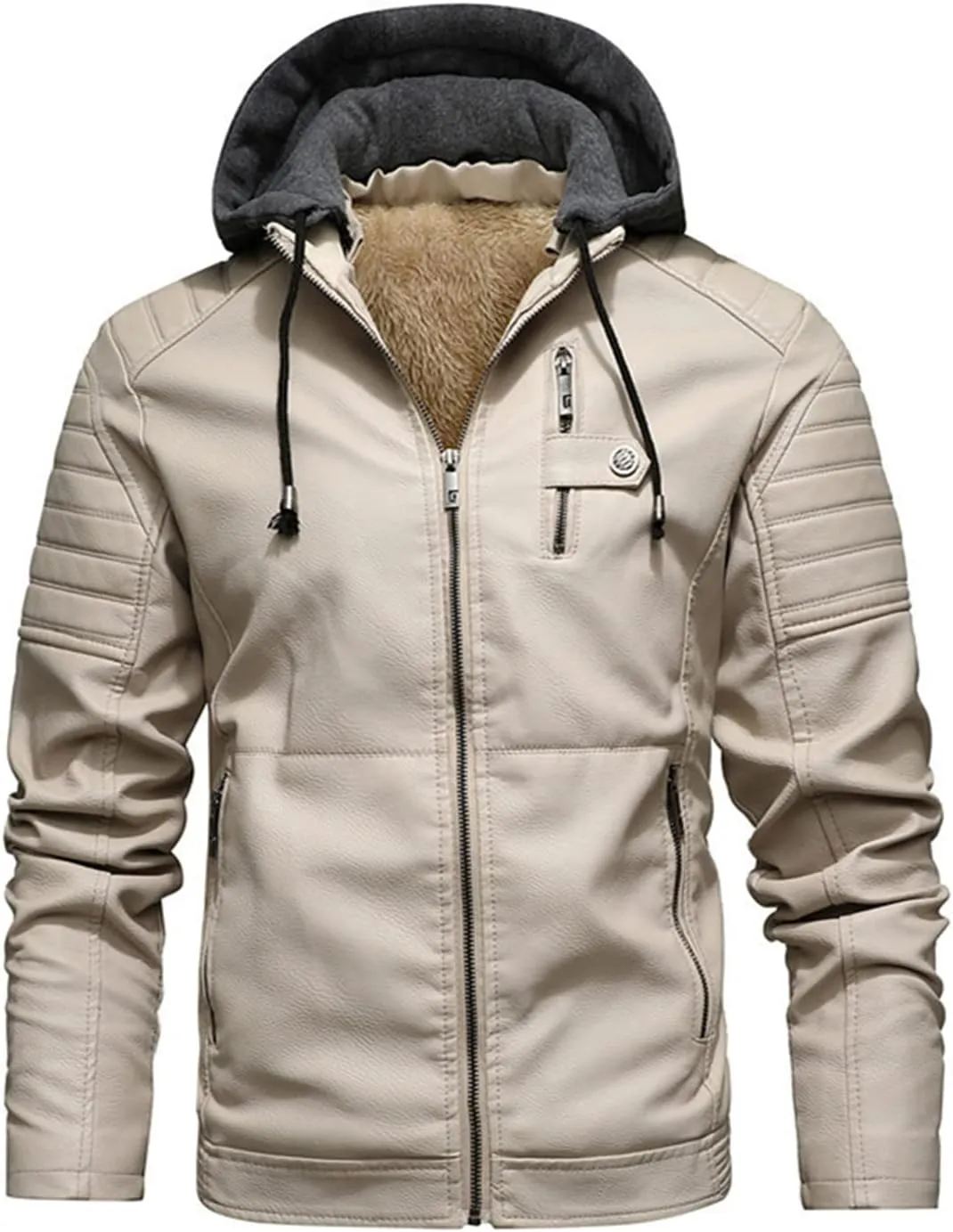 Lu's Chic Men's Faux Leather Jacket Hooded Jackets Thermal Sherpa Fleece Slim Fit Fall Full Zip Coats