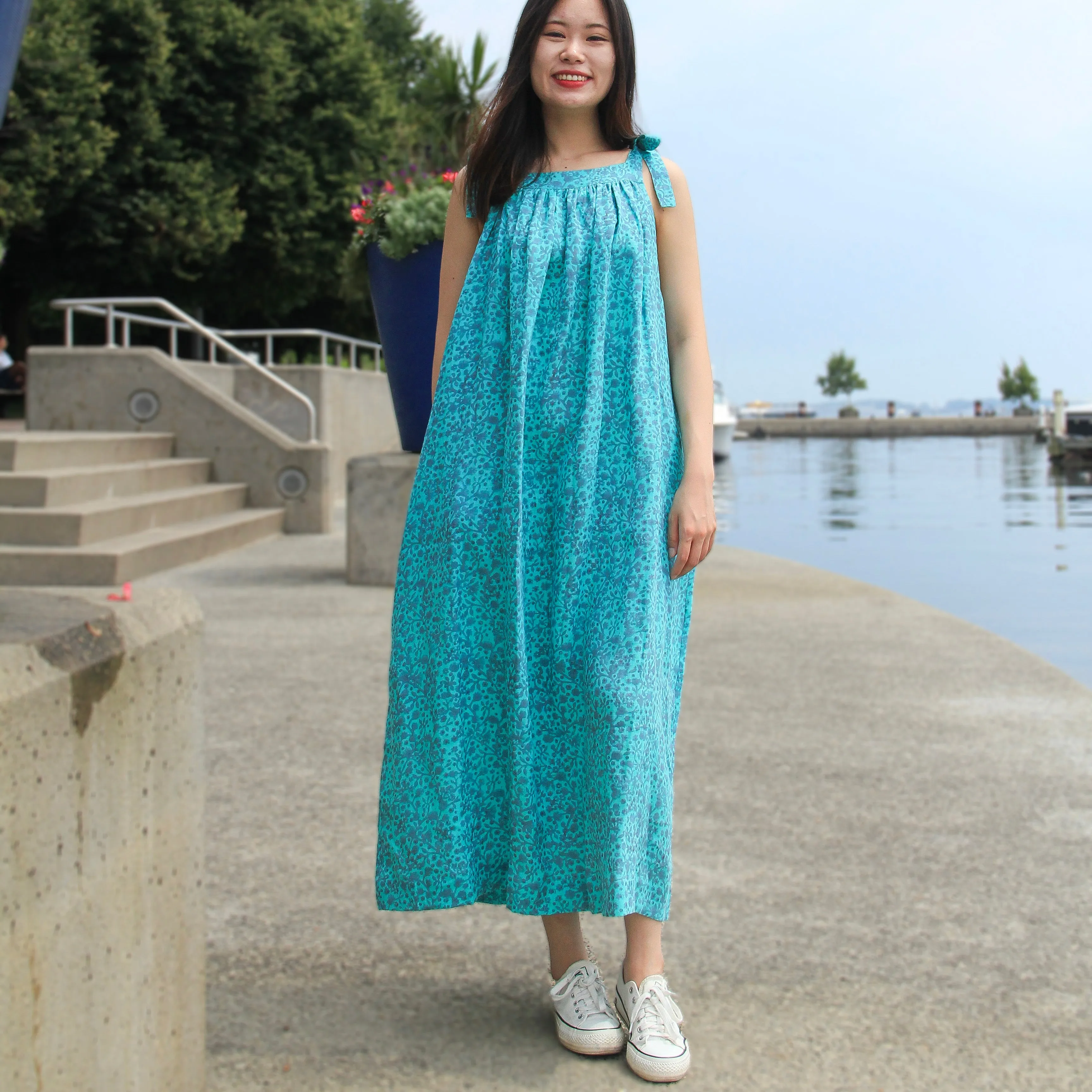 Maxi Mimi Linen Sun Dress in Aqua Melody