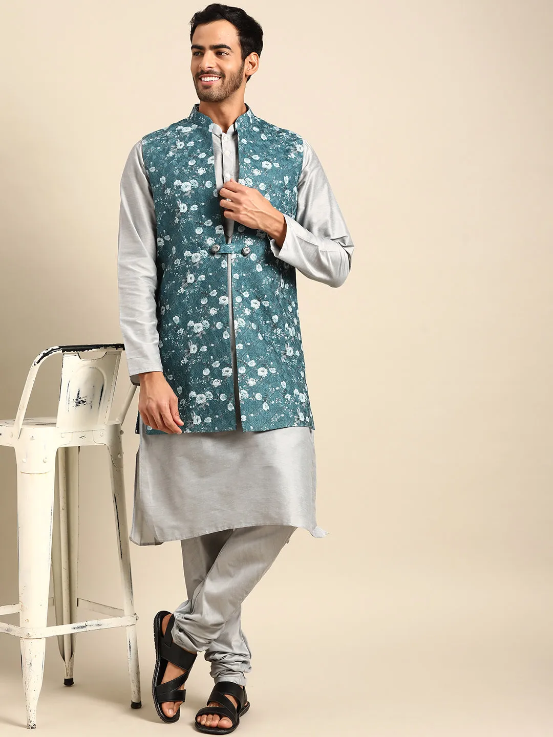 Men Turquoise Blue nehru jacket (Set of 1)