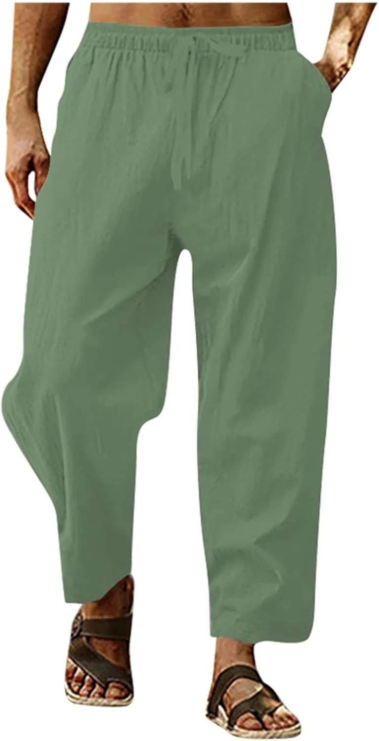 Men's Casual Cotton Linen Pants Straight Leg Jogger Yoga Pants Elastic Waist Drawstring Lounge Pants with Pockets Skinny Chinos