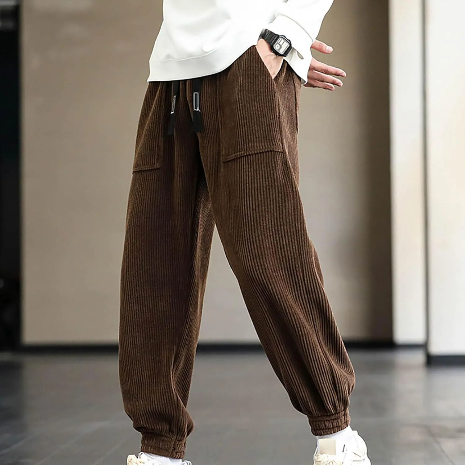 Mens Corduroy Casual Pants Expandable Waist Straight Sweatpants for Men Big and Tall Wide Leg Baggy Pants with Drawstrings