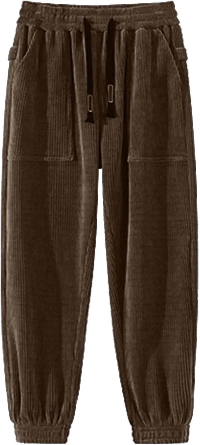 Mens Corduroy Casual Pants Expandable Waist Straight Sweatpants for Men Big and Tall Wide Leg Baggy Pants with Drawstrings
