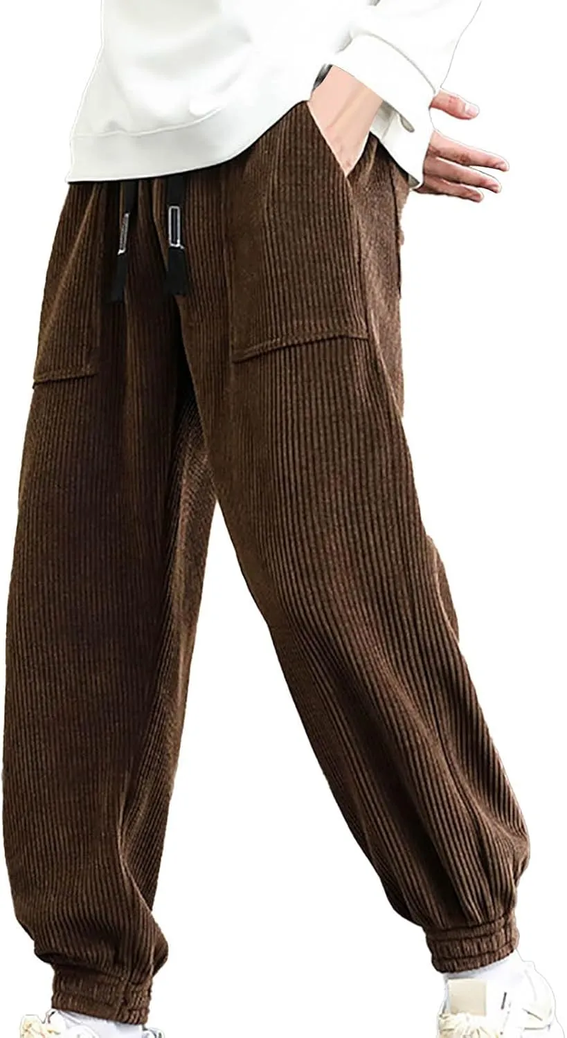 Mens Corduroy Casual Pants Expandable Waist Straight Sweatpants for Men Big and Tall Wide Leg Baggy Pants with Drawstrings