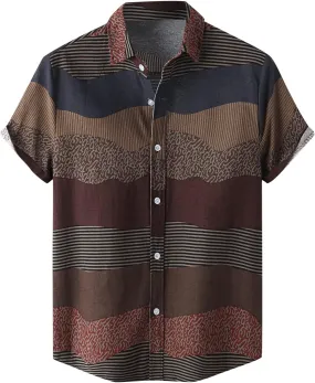 Mens Cotton Linen Casual Button Down Shirts Short Sleeve Vintage Ethnic Striped Summer T Shirts for Men Stylish Hawaiian Tees
