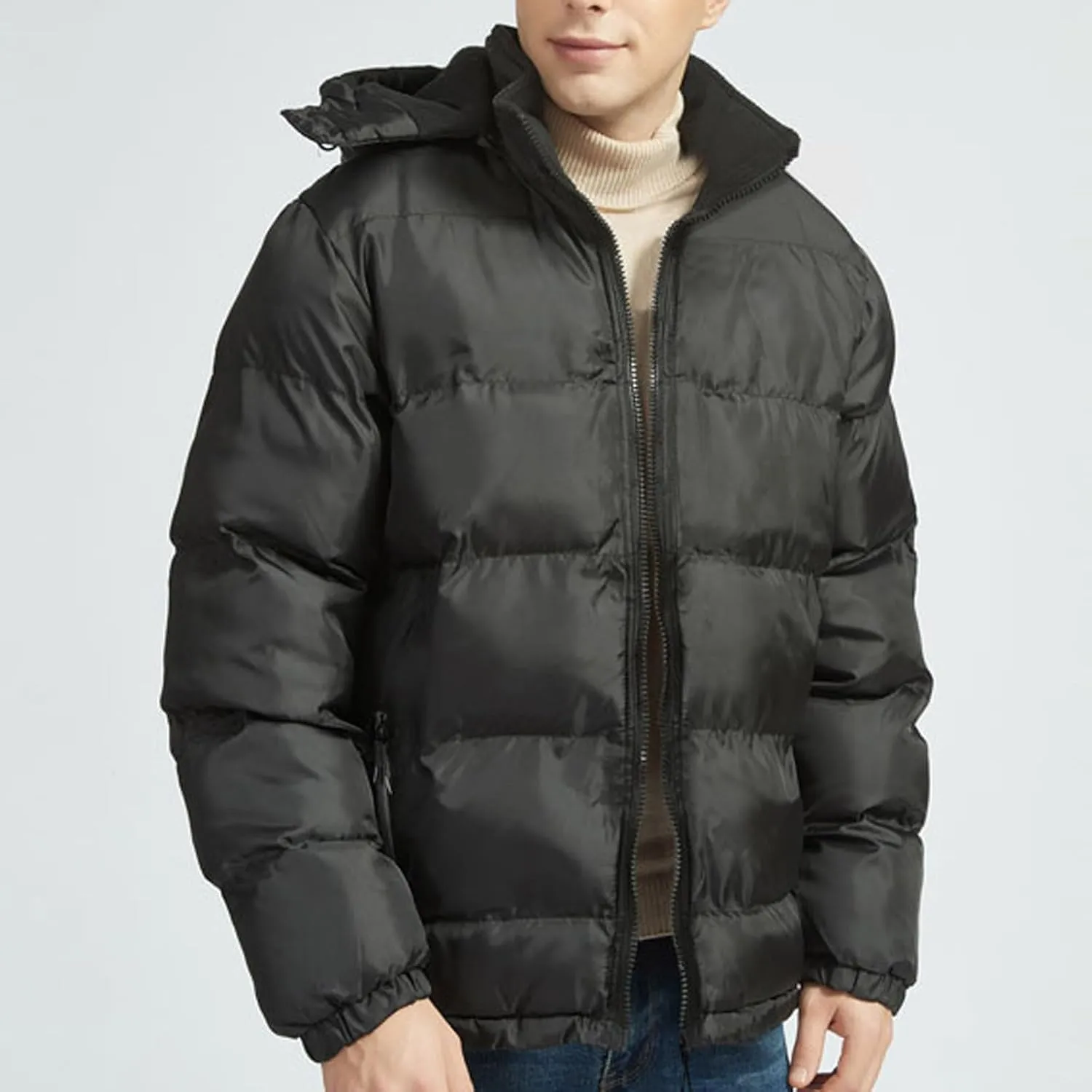 Men's Hooded Winter Coat Warm Puffer Jacket Thicken Cotton Coat with Hood Full Zip Up Quilted Lightweight Down Jackets
