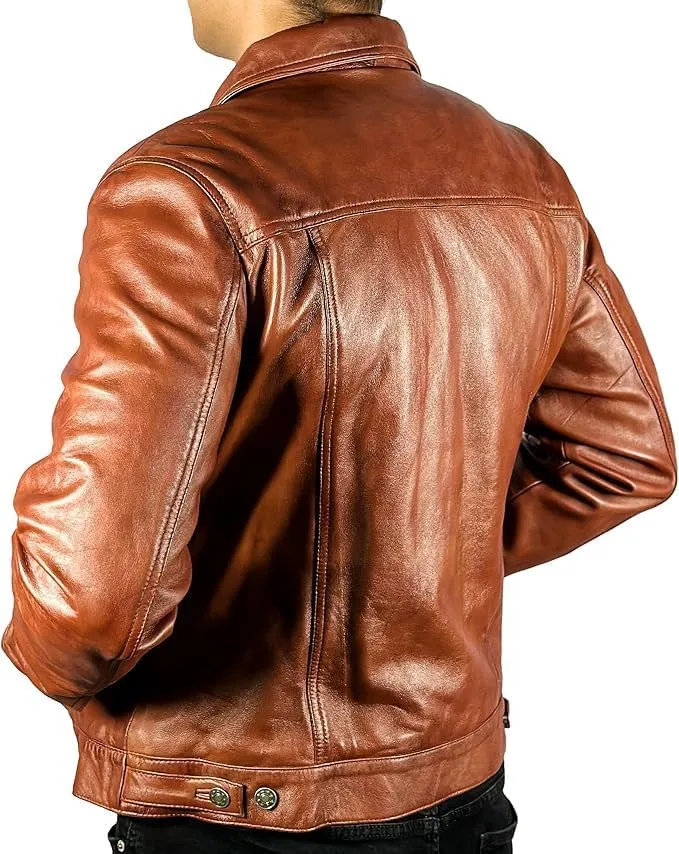 Men’s Vintage Lambskin Leather Trucker Classic Shirt Collar Style Motorcycle Cowboy Jacket
