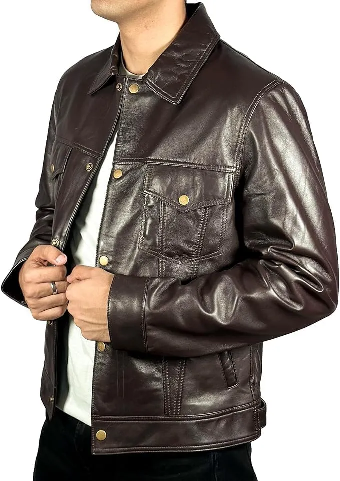 Men’s Vintage Lambskin Leather Trucker Classic Shirt Collar Style Motorcycle Cowboy Jacket