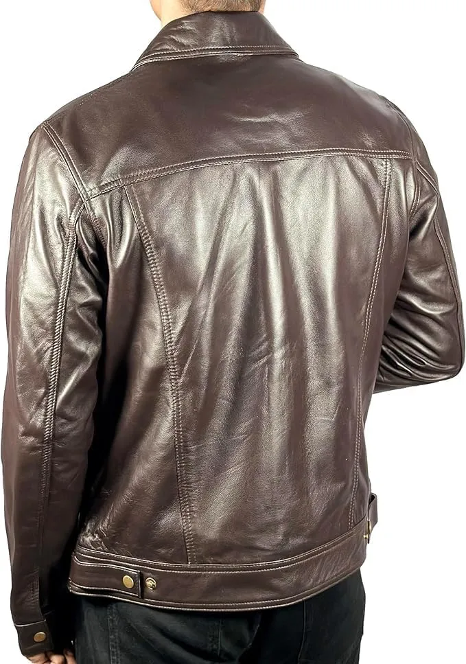 Men’s Vintage Lambskin Leather Trucker Classic Shirt Collar Style Motorcycle Cowboy Jacket