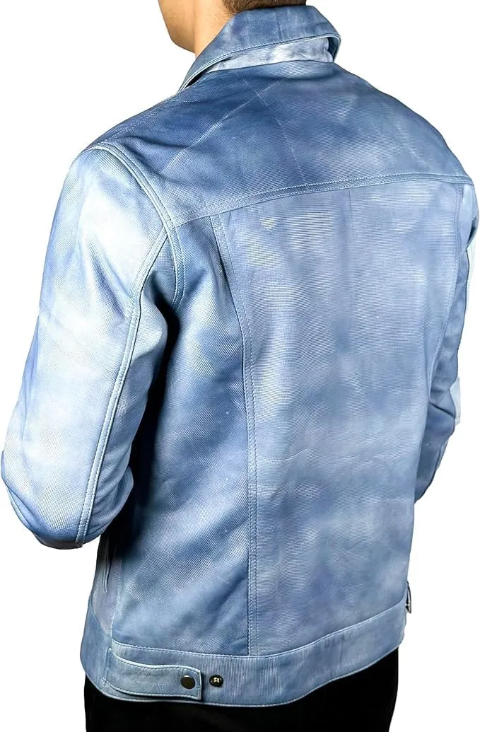Men’s Vintage Lambskin Leather Trucker Classic Shirt Collar Style Motorcycle Cowboy Jacket