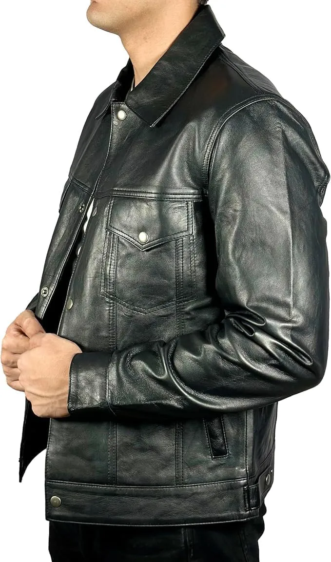 Men’s Vintage Lambskin Leather Trucker Classic Shirt Collar Style Motorcycle Cowboy Jacket