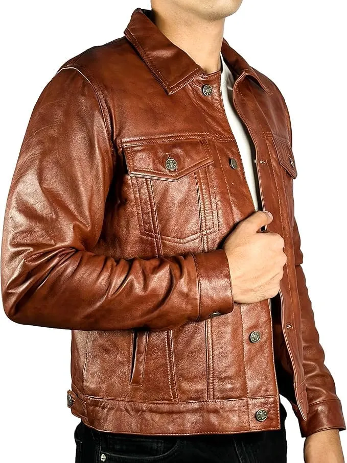 Men’s Vintage Lambskin Leather Trucker Classic Shirt Collar Style Motorcycle Cowboy Jacket
