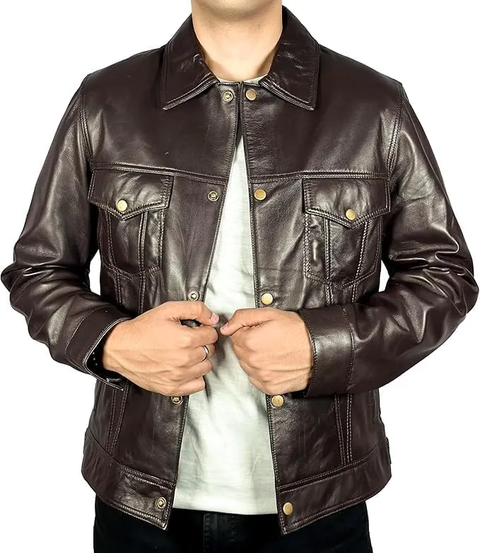 Men’s Vintage Lambskin Leather Trucker Classic Shirt Collar Style Motorcycle Cowboy Jacket