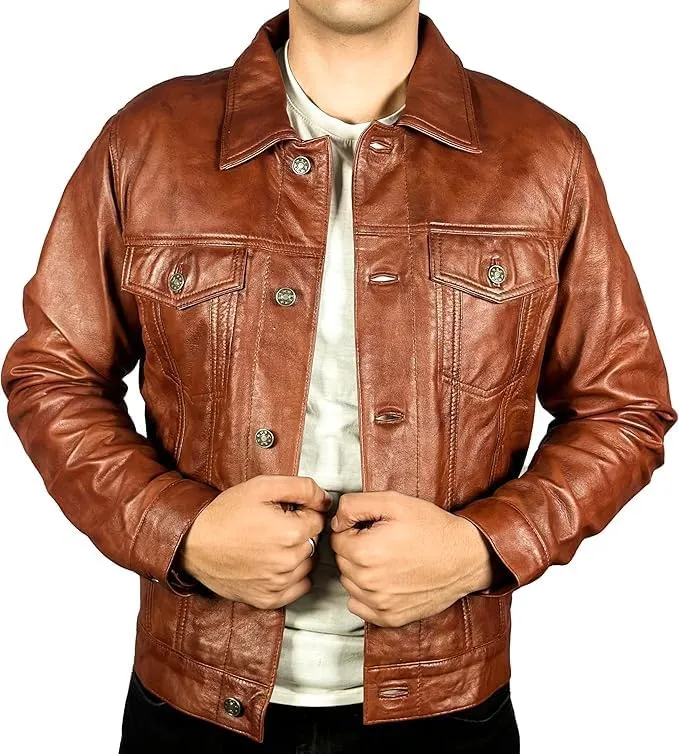 Men’s Vintage Lambskin Leather Trucker Classic Shirt Collar Style Motorcycle Cowboy Jacket