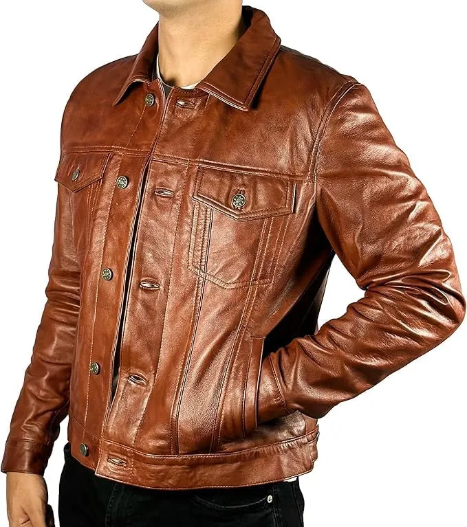 Men’s Vintage Lambskin Leather Trucker Classic Shirt Collar Style Motorcycle Cowboy Jacket