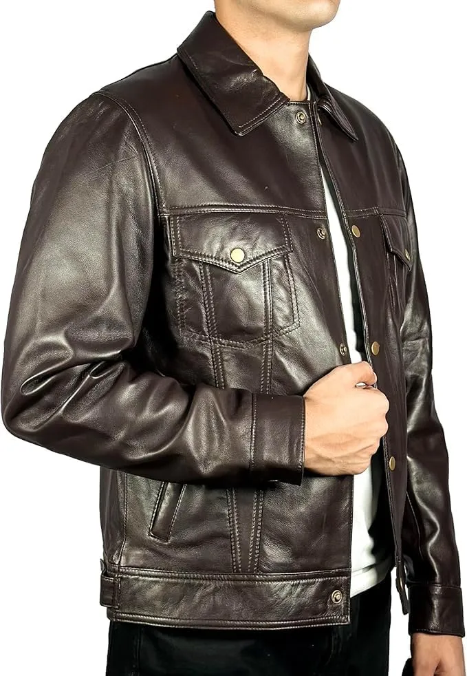Men’s Vintage Lambskin Leather Trucker Classic Shirt Collar Style Motorcycle Cowboy Jacket