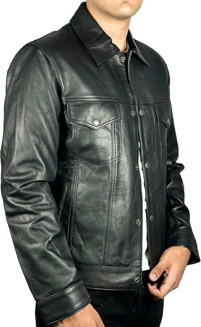 Men’s Vintage Lambskin Leather Trucker Classic Shirt Collar Style Motorcycle Cowboy Jacket