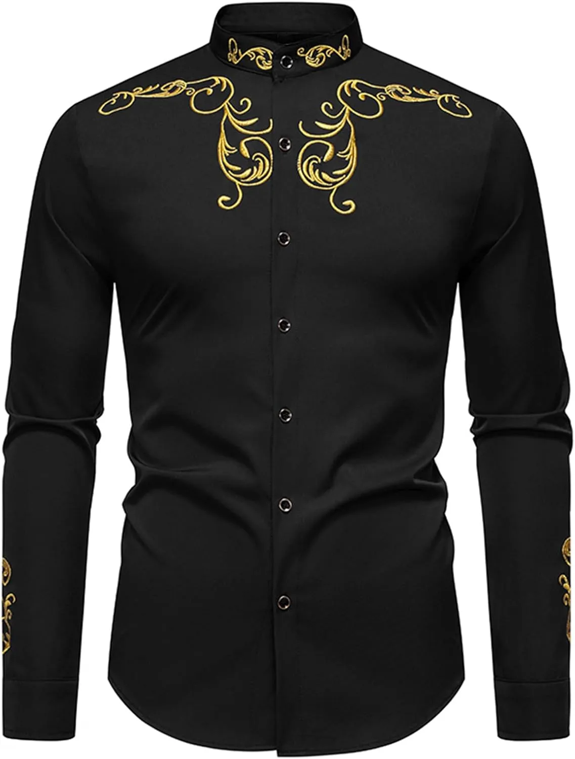Mens Western Embroidered Shirts Long Sleeve Button Up Retro Dressy T-Shirt Flower Print Trendy Slim Blouse Top