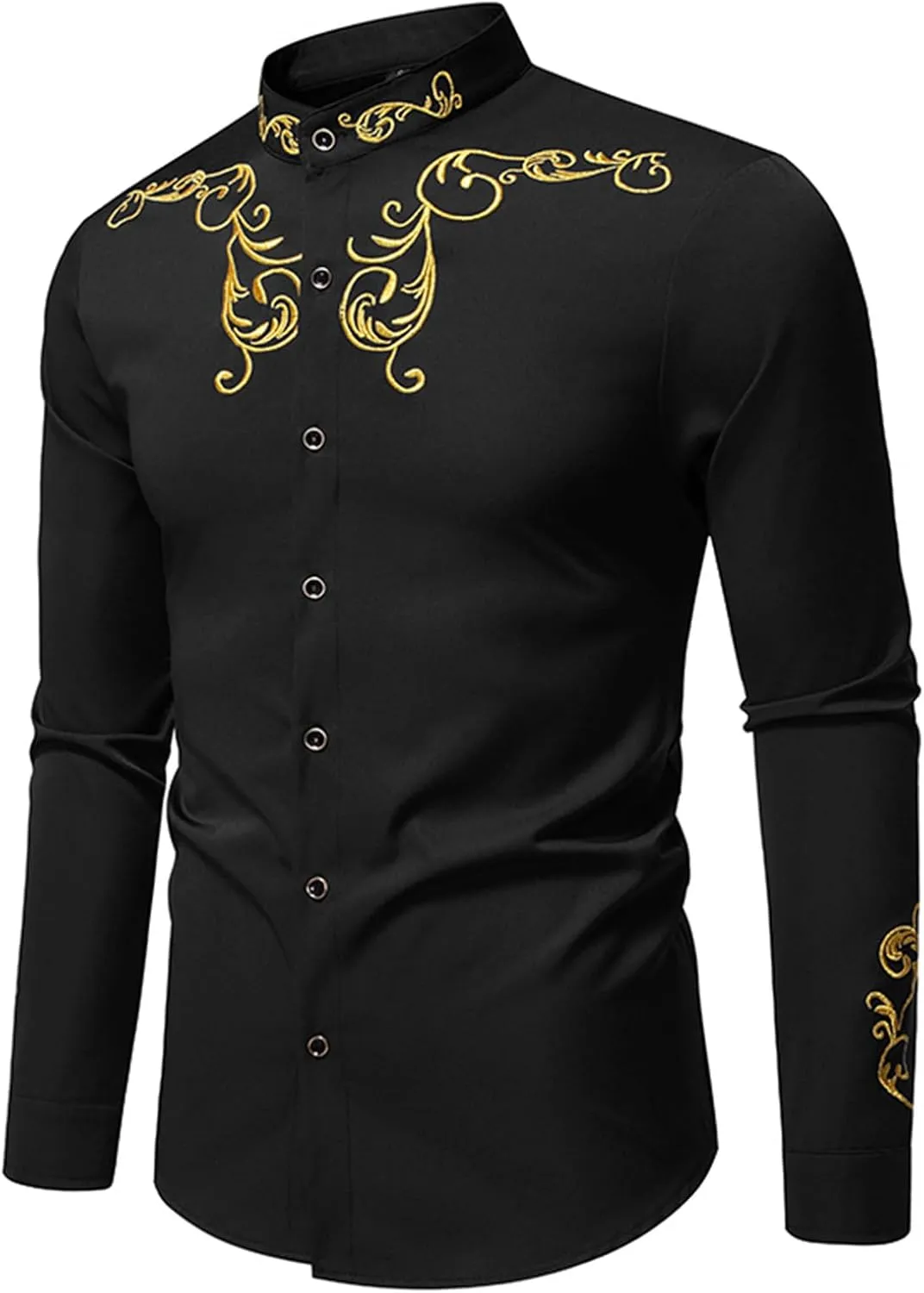 Mens Western Embroidered Shirts Long Sleeve Button Up Retro Dressy T-Shirt Flower Print Trendy Slim Blouse Top
