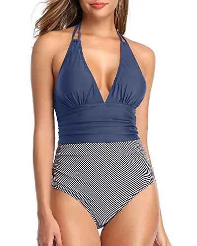 Open Back Halter Bathing Suit Tummy Control Women One Piece Swimwear-Blue White Stripe