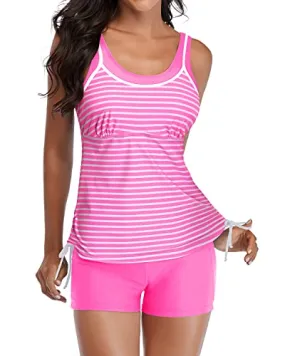 Padded Push Up Bra Tankini Swimsuits Shorts Slimming Swimwear-Pink Stripe