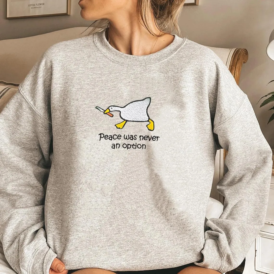 POPPOP Embroidered Goose Crewneck Sweatshirt, Funny Farm Animal Christmas Shirt