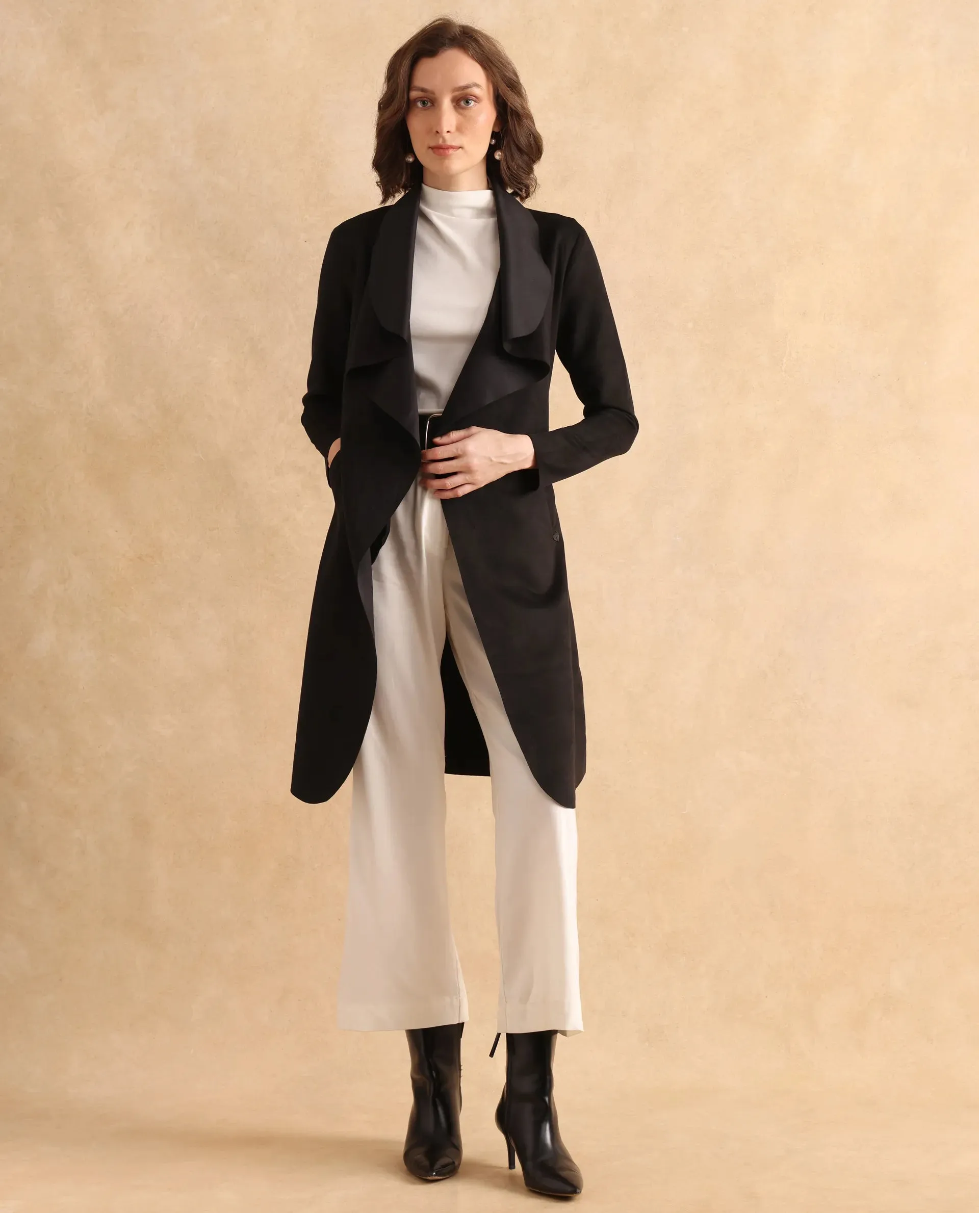 Rareism Women Palmer 2 Black Suede Full Sleeve Waterfall Neck Boxy Fit Midi Plain Jacket