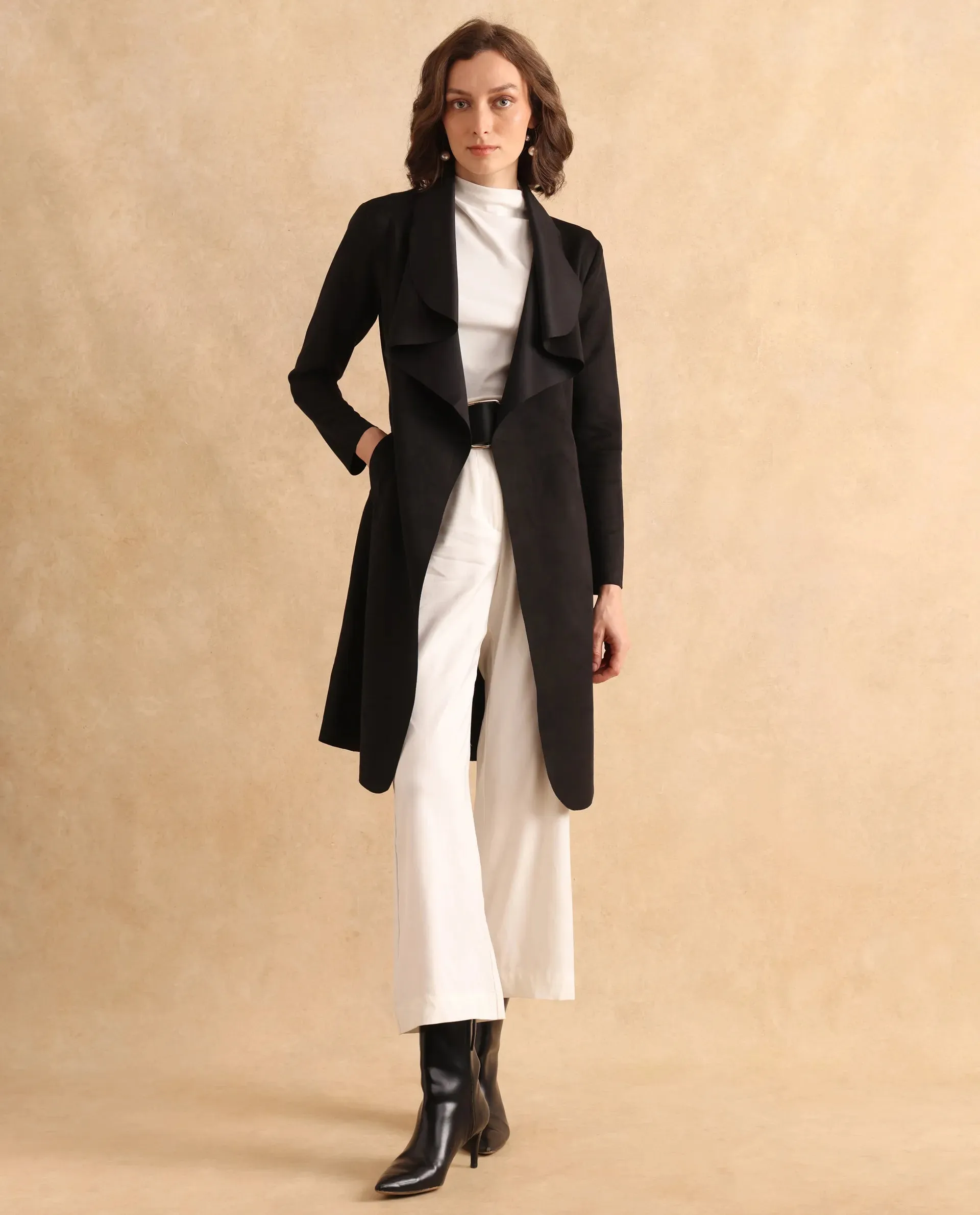 Rareism Women Palmer 2 Black Suede Full Sleeve Waterfall Neck Boxy Fit Midi Plain Jacket
