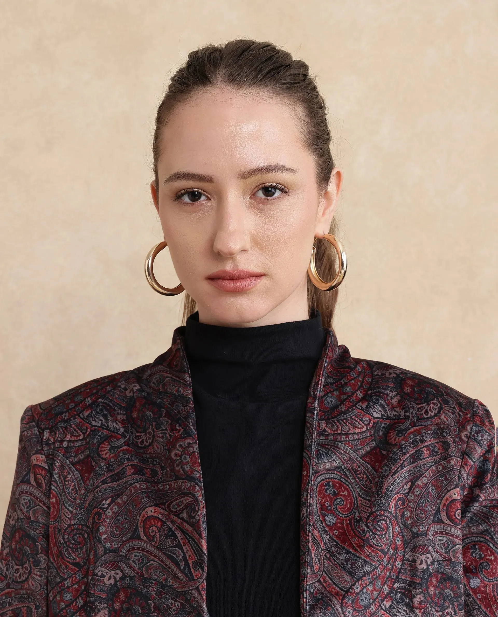 Rareism Women Resko Multi Velvet Regular Sleeves Collarless Paisley Print Jacket