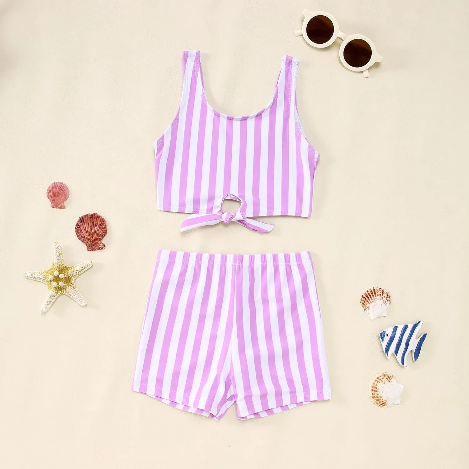 Ritatte Toddler Baby Girls Summer Swimsuit Sleeveless Stripe Knotted Two Piece Bathing Suit Beach Swimwear Bikini Tankini Set