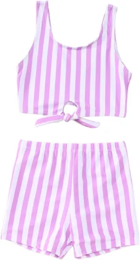 Ritatte Toddler Baby Girls Summer Swimsuit Sleeveless Stripe Knotted Two Piece Bathing Suit Beach Swimwear Bikini Tankini Set