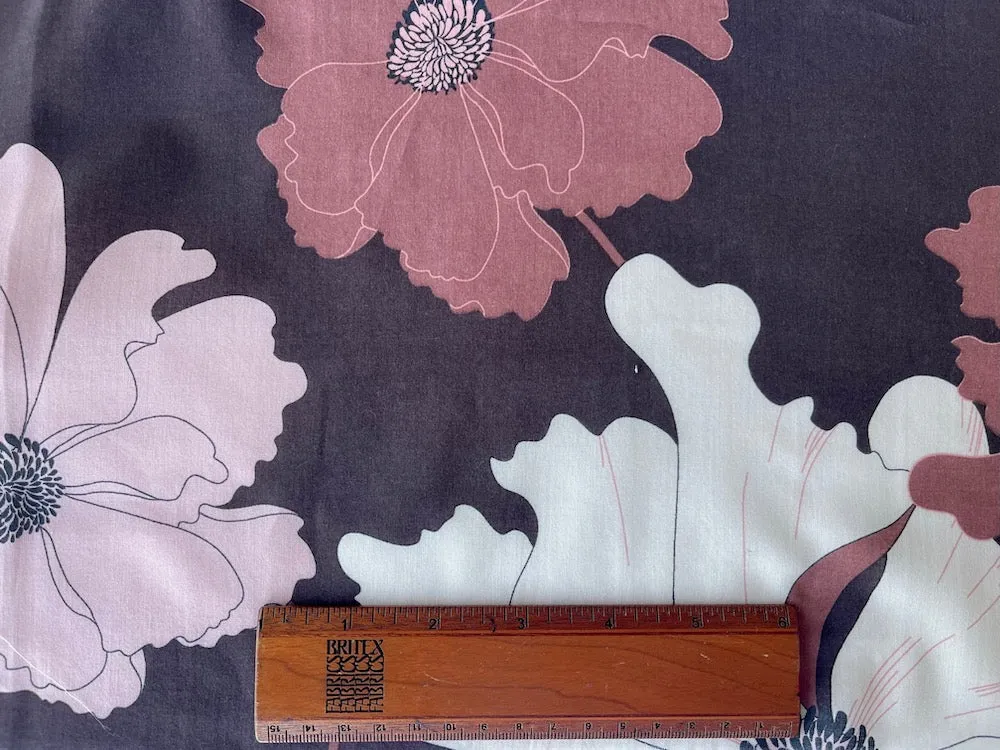 Semi-Sheer Elegant Mauve & Cream Poppies on Chestnut Organic Cotton Voile (Made in Italy)