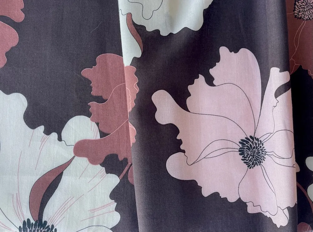 Semi-Sheer Elegant Mauve & Cream Poppies on Chestnut Organic Cotton Voile (Made in Italy)